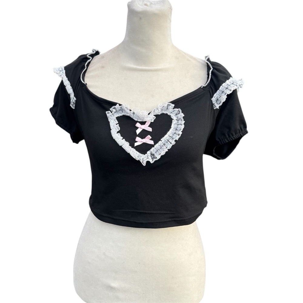Romwe Kawaii Cute Heart Pink Bow Ruffle Lace Girly Black Crop Top Shirt M